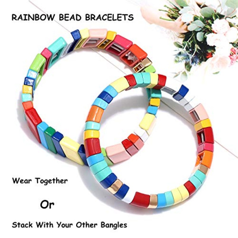 XOCARTIGE 4PCS 레인보우 에나멜 타일 팔찌 여성용 여러 가지 빛깔의 타일 비드 스트레치 팔찌 세트 Stackable Colorblock 페르시 랩 팔찌 팔찌 남성용 여성용