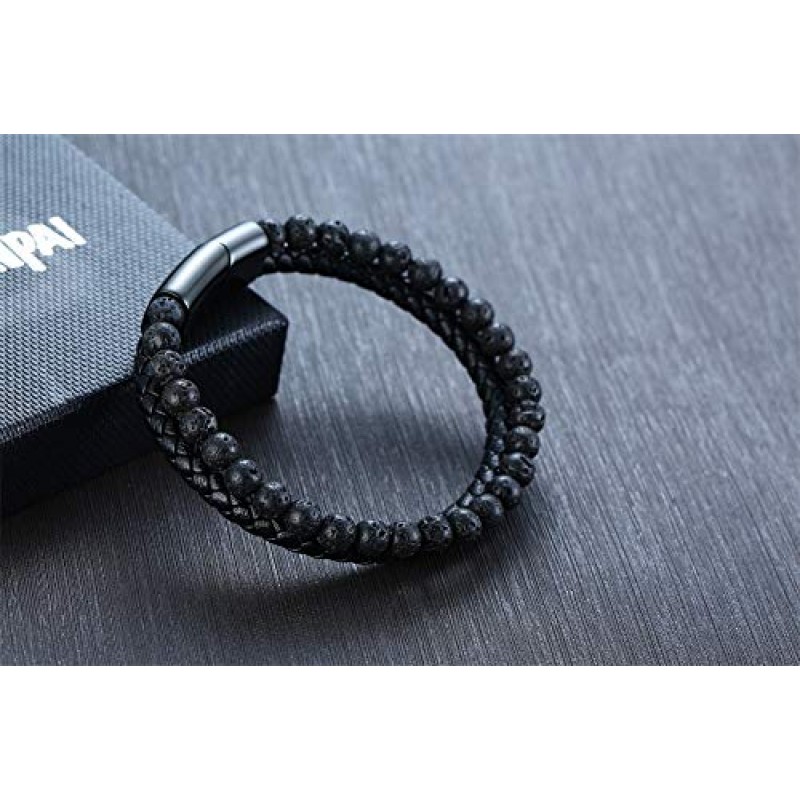 VNOX 두 가닥 땋은 가죽 팔목 팔찌 비드 로프 팔찌 새겨진 호루스/바이킹의 이집트 눈 Vegvisir 팔찌, 이교도 보석