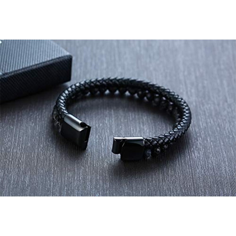 VNOX 두 가닥 땋은 가죽 팔목 팔찌 비드 로프 팔찌 새겨진 호루스/바이킹의 이집트 눈 Vegvisir 팔찌, 이교도 보석