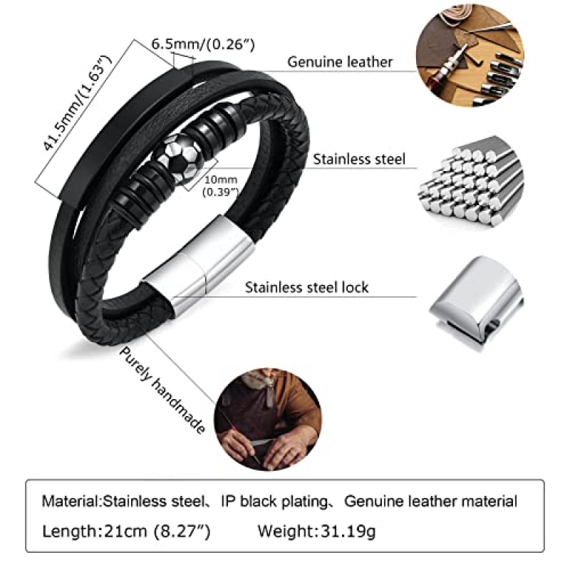 MEALGUET 축구 팔찌 남자 축구 정품 땋은 가죽 팔찌 스테인레스 스틸 걸쇠가 있는 팔찌 팔찌, 팀 소녀 소년 축구 애호가를 위한 선물, 축구 테마 크리스마스 선물