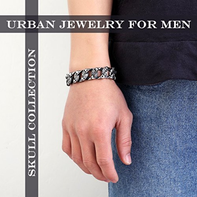 URBAN JEWELRY 해골 머리 남성용 고딕 바이커 팔찌 316L 스테인레스 스틸 남성용 링크 팔찌