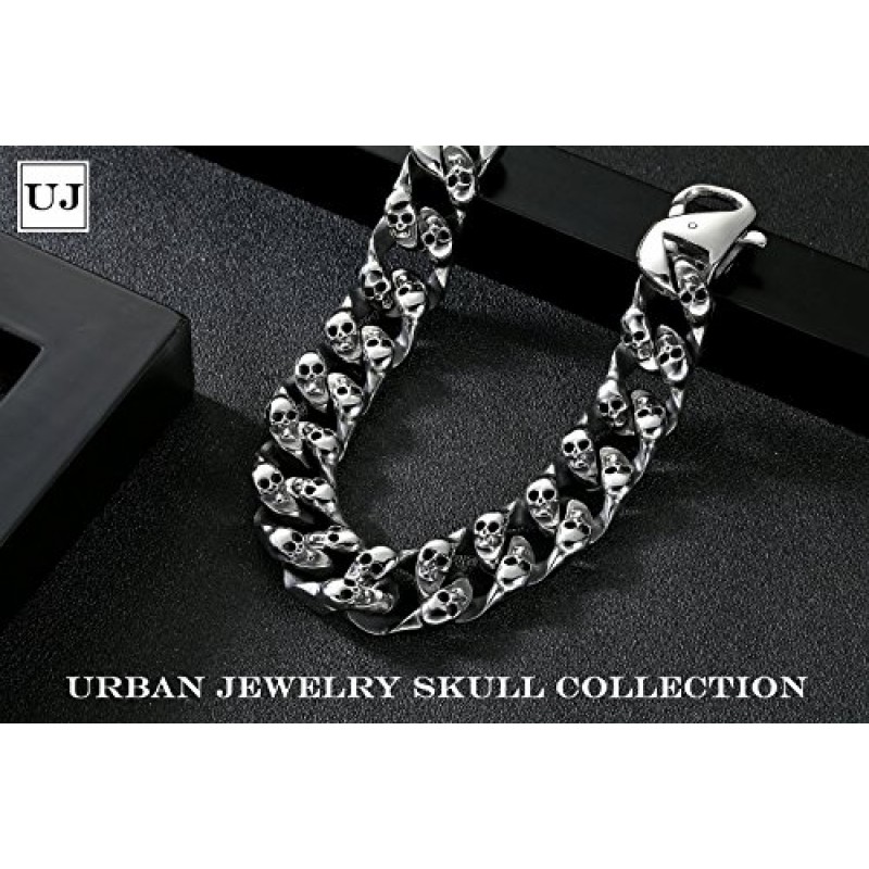 URBAN JEWELRY 해골 머리 남성용 고딕 바이커 팔찌 316L 스테인레스 스틸 남성용 링크 팔찌