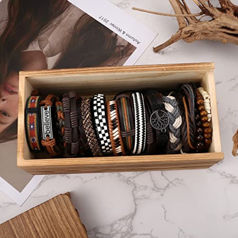 Jstyle 20Pcs 남성 여성을위한 땋은 가죽 팔찌 나무 구슬 대마 코드 짠 커프 랩 멋진 팔찌 민족 부족 로프 팔찌 세트 아버지의 날 선물