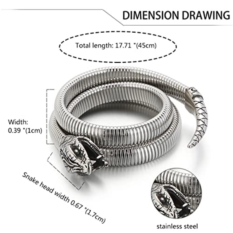 남성 여성을위한 Rofusn 구부릴 수있는 뱀 팔찌, 스테인레스 스틸 펑크 유연한 뱀 링크 체인 팔찌 팔찌-실버