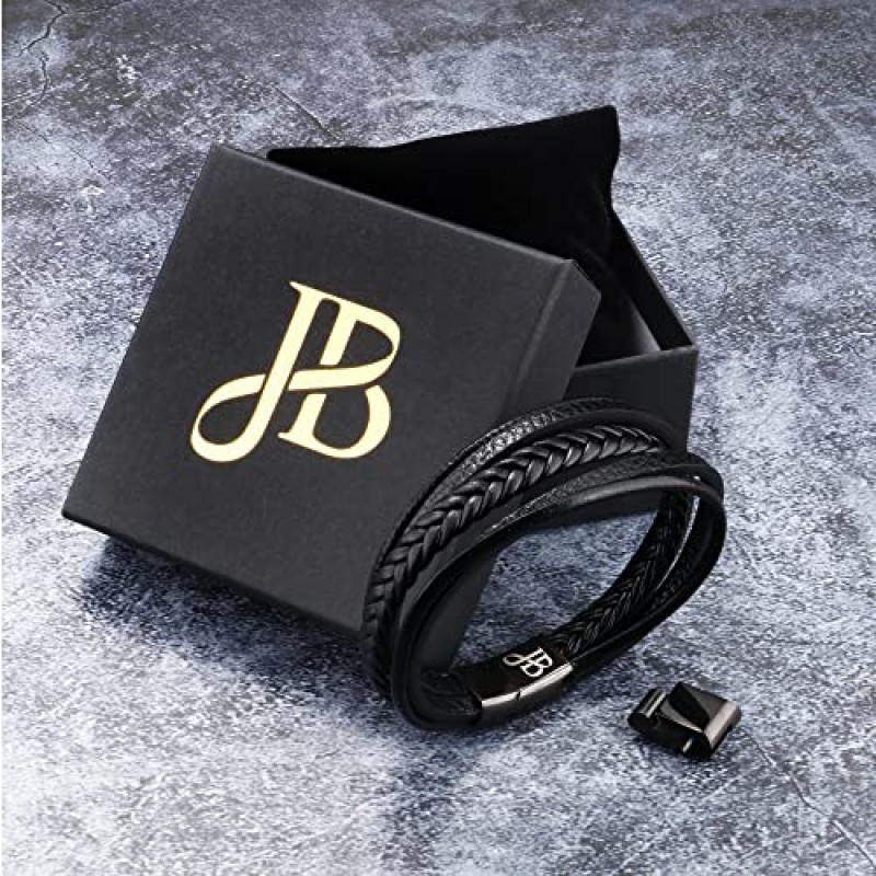Jewellbox - 남성용 블랙 팔찌, 남성용 조절 가능한 가죽 손목 밴드 21-22.5 cm - Pulseras para Hombres
