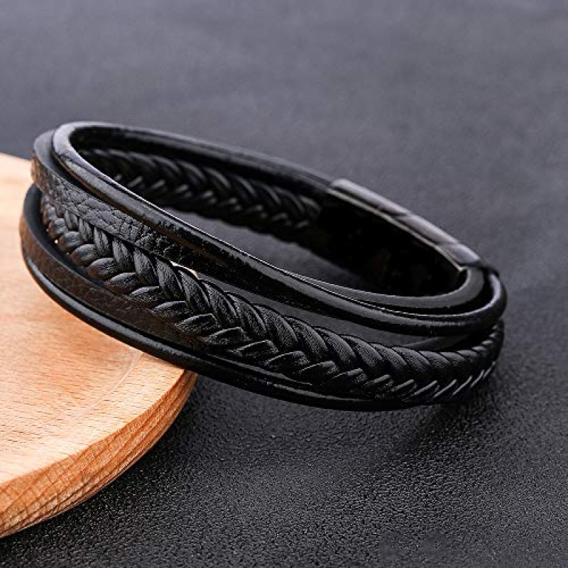 Jewellbox - 남성용 블랙 팔찌, 남성용 조절 가능한 가죽 손목 밴드 21-22.5 cm - Pulseras para Hombres