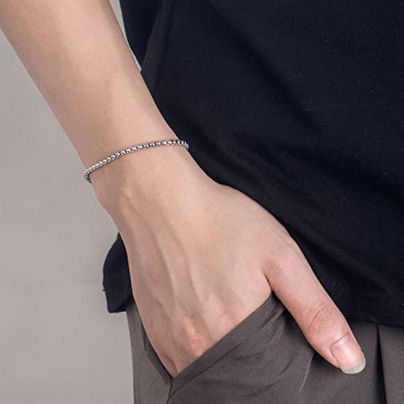H&Beautimer 솔리드 ​​925 스털링 실버 - 클래식 남성용 3MM 박스 체인 팔찌 - 오리지널 실버 파티 주얼리 팔찌 6.3-6.7-7-7.5-8-8.5-9' - 이탈리아 수제