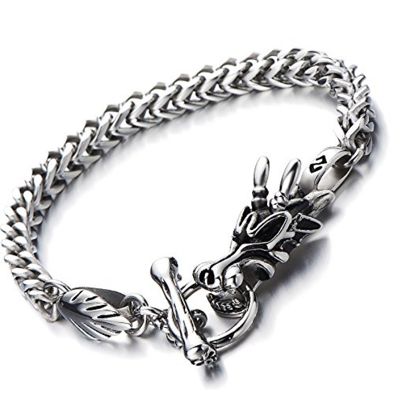 COOLSTEELANDBEYOND Mens 바이커 스테인레스 스틸 드래곤 커브 체인 팔찌 토글 걸쇠 고딕 스타일