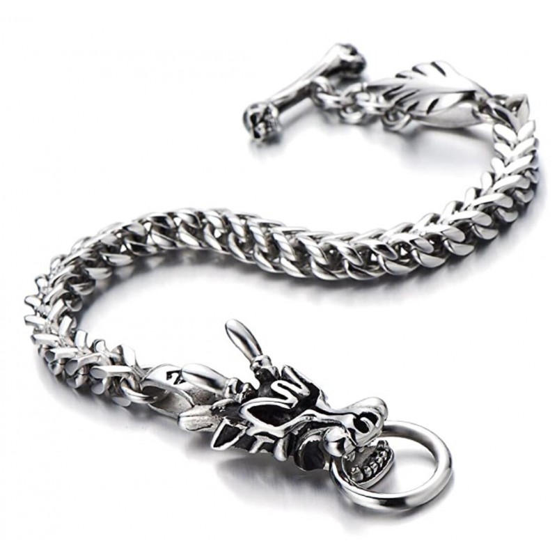 COOLSTEELANDBEYOND Mens 바이커 스테인레스 스틸 드래곤 커브 체인 팔찌 토글 걸쇠 고딕 스타일