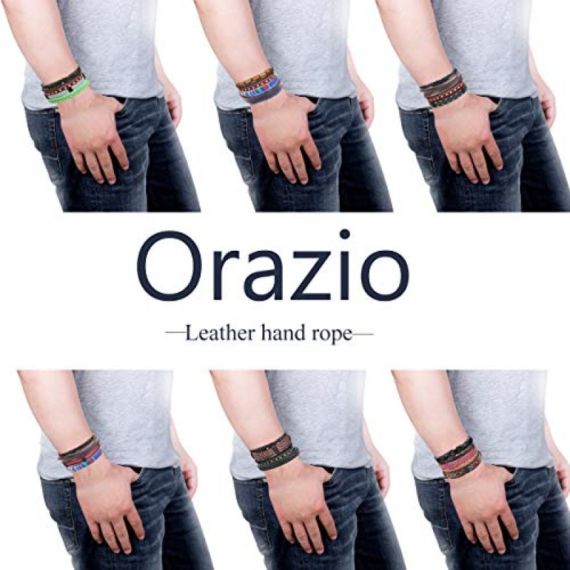 ORAZIO 33-36Pcs 여성용 남성용 땋은 가죽 팔찌 Cool Boho 민족 부족 나무 구슬 커프 랩 팔찌 수제 손목 조절 가능