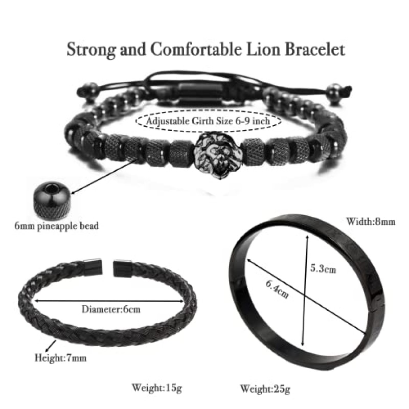 남성 여성을위한 3PCS 스테인레스 스틸 팔찌 블랙 커프 팔찌 사자 구슬 팔찌 로마 숫자 팔찌 내 아들을위한 생일 선물