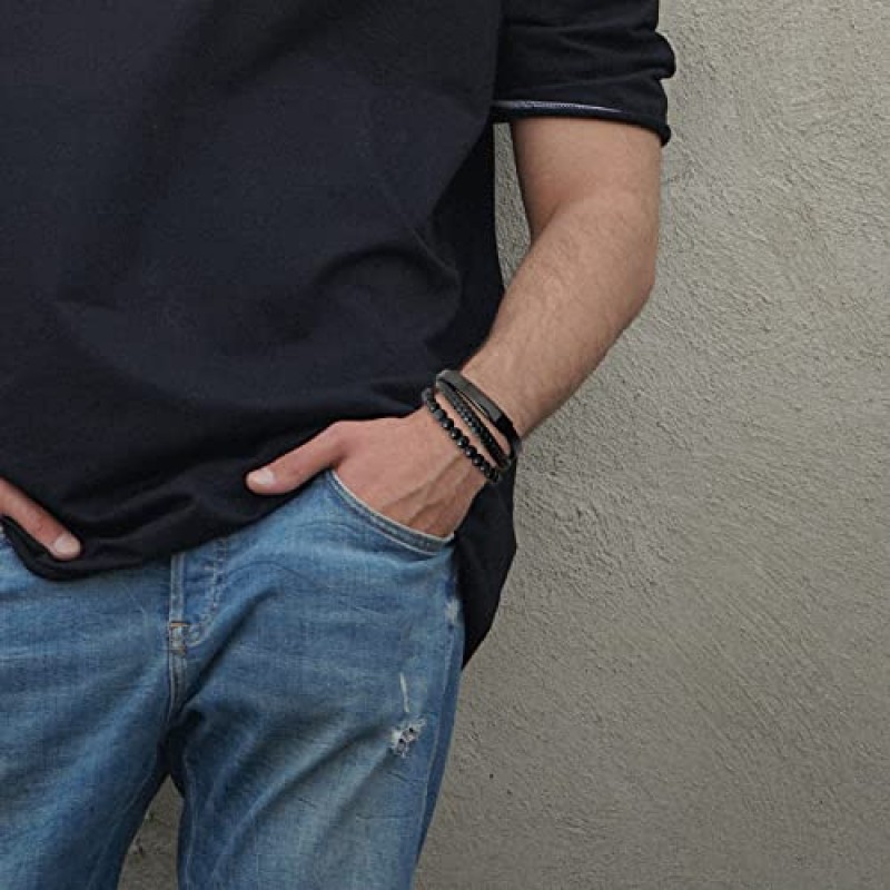 Raymard Mens Tiger Eye Matee 블랙 오닉스 용암 바위 화산석 페르시 팔찌, 남성용 블랙 땋은 가죽 팔찌