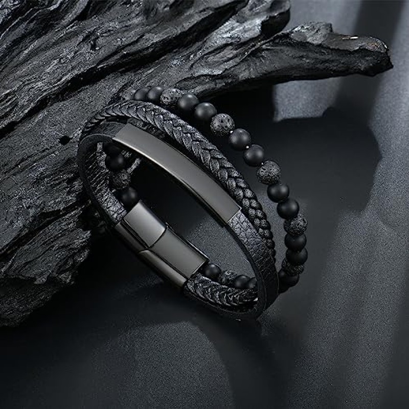 Raymard Mens Tiger Eye Matee 블랙 오닉스 용암 바위 화산석 페르시 팔찌, 남성용 블랙 땋은 가죽 팔찌