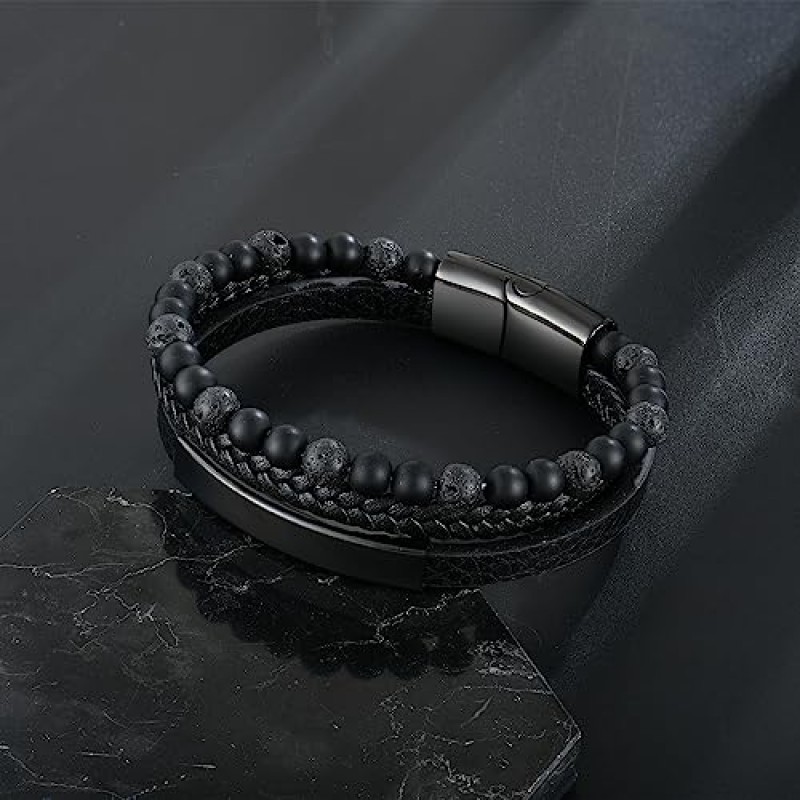 Raymard Mens Tiger Eye Matee 블랙 오닉스 용암 바위 화산석 페르시 팔찌, 남성용 블랙 땋은 가죽 팔찌