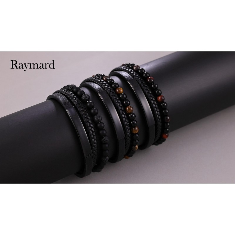Raymard Mens Tiger Eye Matee 블랙 오닉스 용암 바위 화산석 페르시 팔찌, 남성용 블랙 땋은 가죽 팔찌