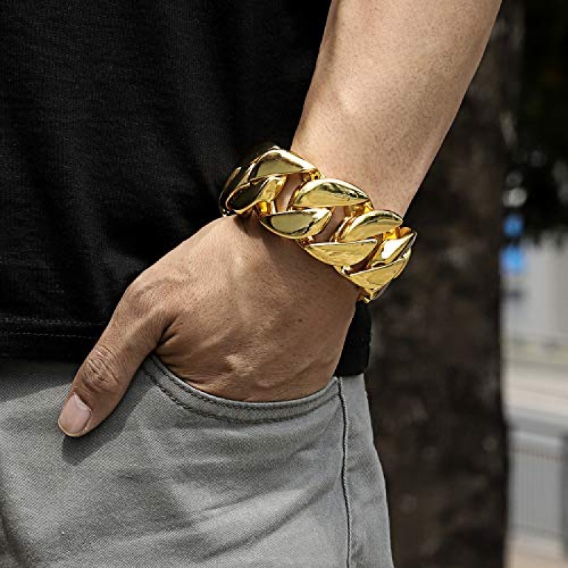 ROWIN&CO 쥬얼리 거대한 32mm 남성용 청키 팔찌 무겁고 견고한 18K 옐로우 골드 PVD 도금 스테인레스 스틸 쿠바 체인(박스 걸쇠 포함), 9.5인치/10.5온스