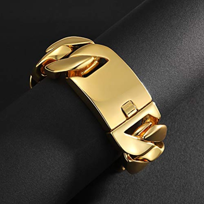 ROWIN&CO 쥬얼리 거대한 32mm 남성용 청키 팔찌 무겁고 견고한 18K 옐로우 골드 PVD 도금 스테인레스 스틸 쿠바 체인(박스 걸쇠 포함), 9.5인치/10.5온스