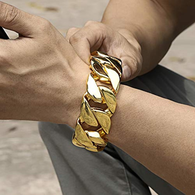 ROWIN&CO 쥬얼리 거대한 32mm 남성용 청키 팔찌 무겁고 견고한 18K 옐로우 골드 PVD 도금 스테인레스 스틸 쿠바 체인(박스 걸쇠 포함), 9.5인치/10.5온스