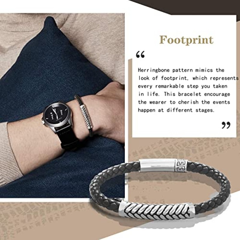 FANCIME Footmark 925 스털링 실버 헤링본 패턴 정품 남성용 가죽 팔찌 푸시 버튼 잠금 걸쇠가있는 땋은 로프 영적 에너지 매력 - 블랙, 그를위한 발렌타인 데이 선물