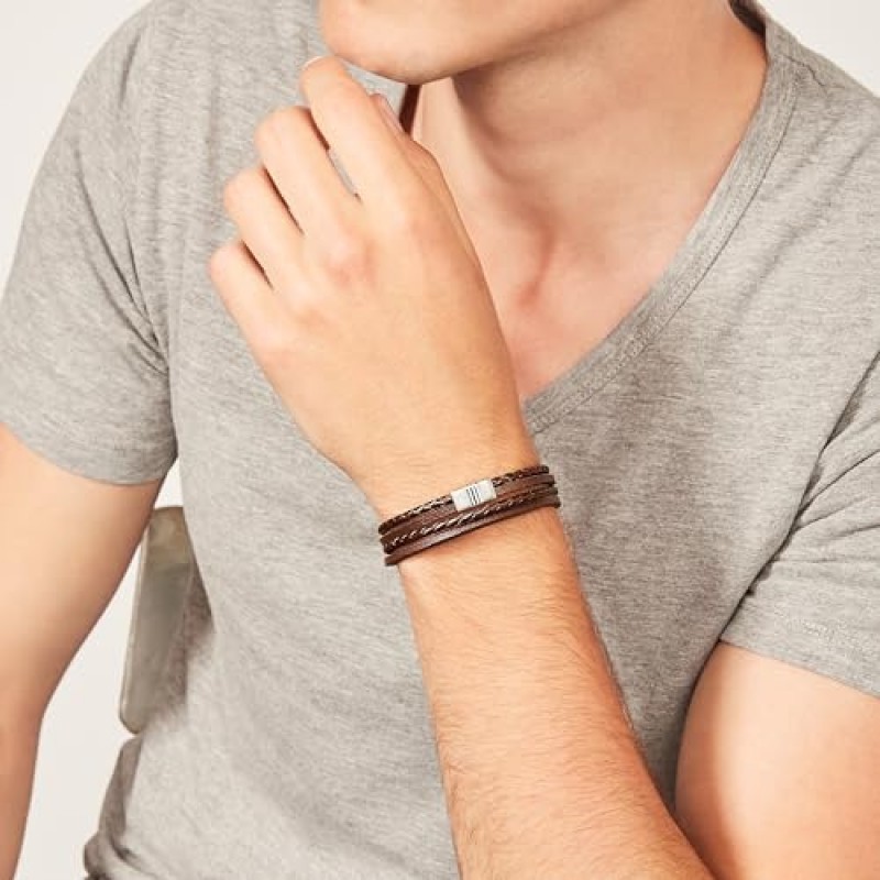 Fossil 남성용 캐주얼 스테인레스 스틸 및 남성용 정품 가죽 팔찌