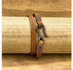 Caputo & Co. 남성용 정품 가죽 엠보싱 브레이드 더블 랩 팔찌 - 황갈색