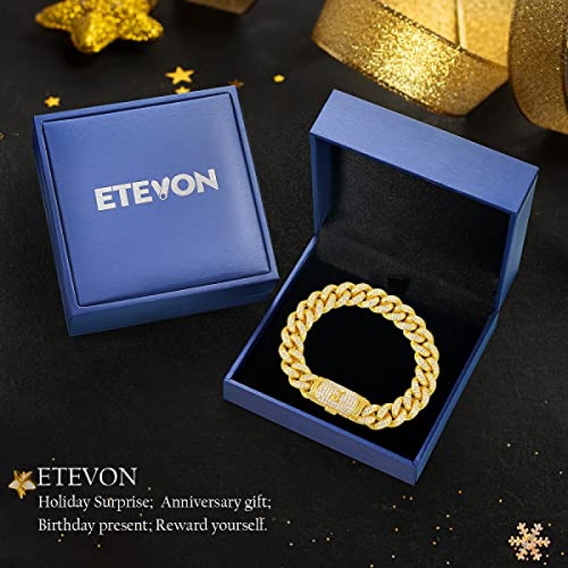 ETEVON 쿠바 링크 남성용 초기 팔찌 골드 도금 힙합 남성용 쥬얼리 남자 친구를위한 선물 생일 크리스마스 기념일 발렌타인 데이 남성용 다이아몬드 골드 체인 쥬얼리 선물 남편 소년 아들 아빠