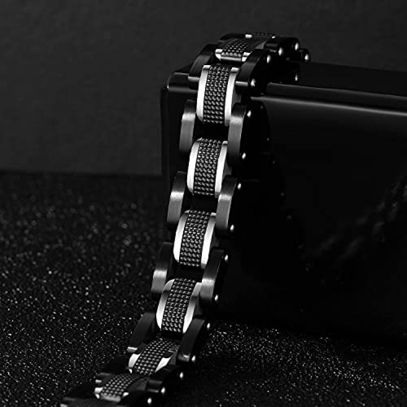 Zillaly 남성용 스테인레스 스틸 투톤 스퀘어 링크 다이아몬드 팔찌 블랙 & 블루 이온 도금 블랙