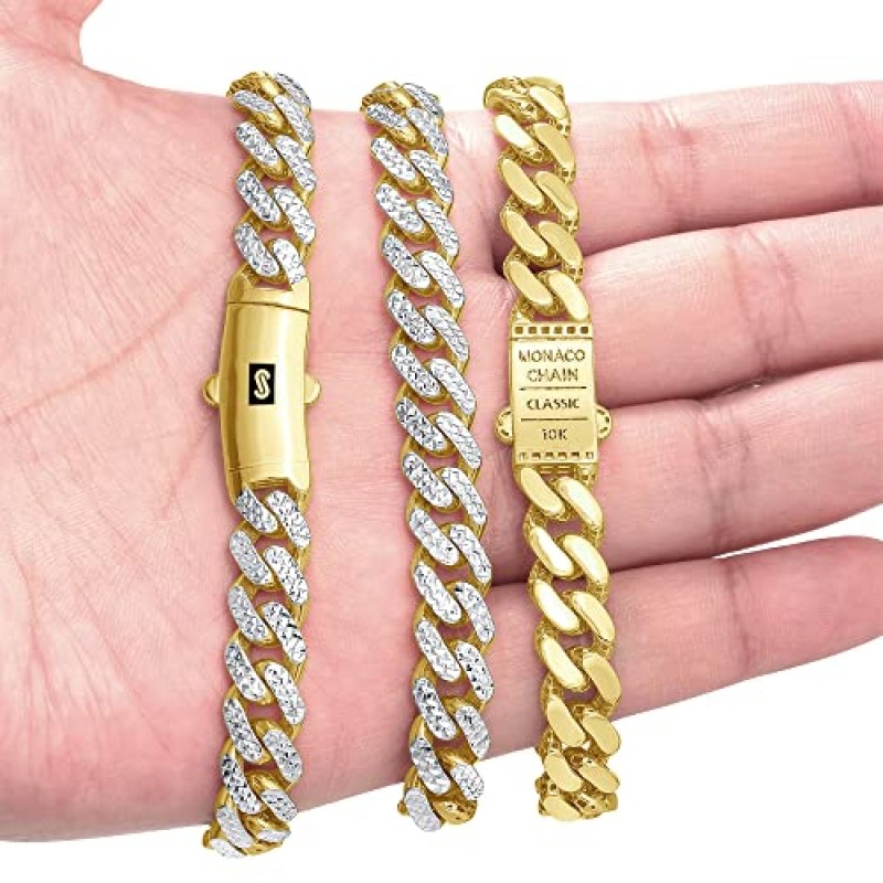 Nuragold 10k 옐로우 골드 9mm 모나코 마이애미 쿠바 다이아몬드 컷 포장 링크 체인 팔찌, 남성용 주얼리 팬시 박스 걸쇠 7