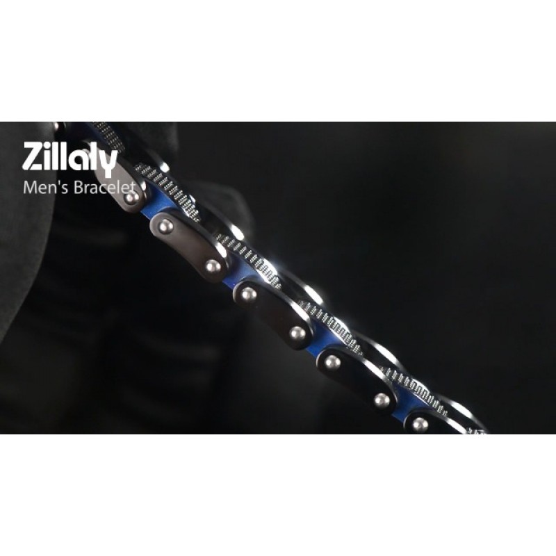 Zillaly 남성용 스테인레스 스틸 투톤 스퀘어 링크 다이아몬드 팔찌 블랙 & 블루 이온 도금 블랙