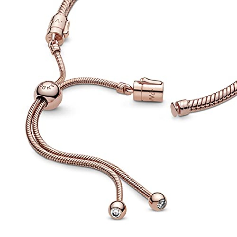 PANDORA Jewelry Moments 슬라이더 스네이크 체인 로즈 큐빅 지르코니아 팔찌, 11.0