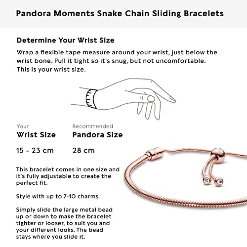 PANDORA Jewelry Moments 슬라이더 스네이크 체인 로즈 큐빅 지르코니아 팔찌, 11.0