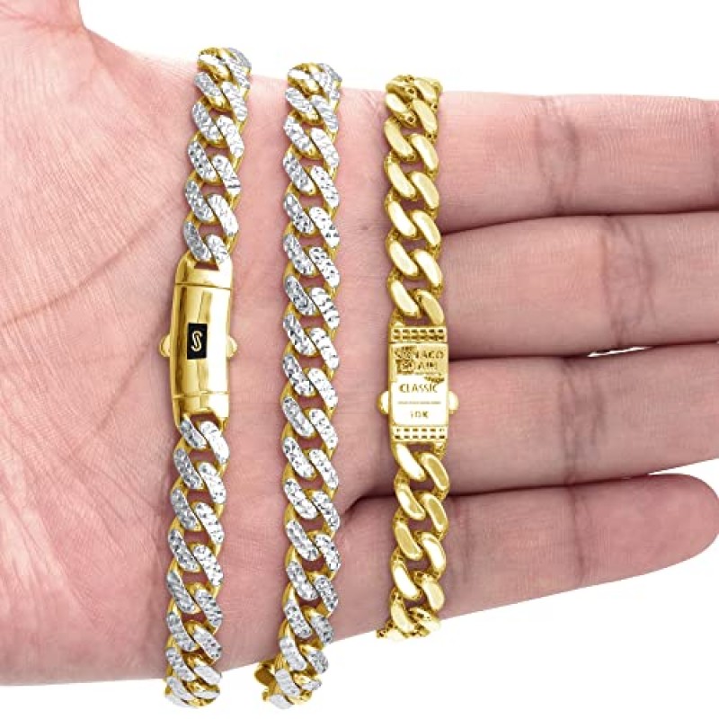 Nuragold 10k 옐로우 골드 7.5mm 모나코 마이애미 쿠바 다이아몬드 컷 포장 링크 체인 팔찌, 남성용 주얼리 팬시 박스 걸쇠 7