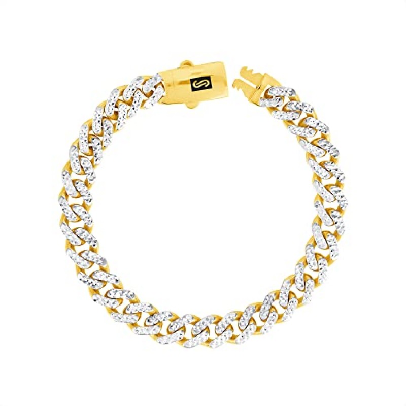 Nuragold 10k 옐로우 골드 7.5mm 모나코 마이애미 쿠바 다이아몬드 컷 포장 링크 체인 팔찌, 남성용 주얼리 팬시 박스 걸쇠 7