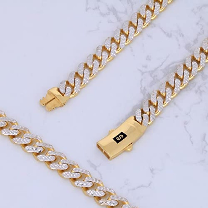 Nuragold 10k 옐로우 골드 7.5mm 모나코 마이애미 쿠바 다이아몬드 컷 포장 링크 체인 팔찌, 남성용 주얼리 팬시 박스 걸쇠 7