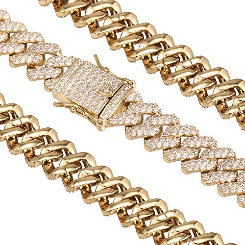 PY BLING 12mm 남성 여성 헤비 아이스 마이애미 쿠바 링크 체인 또는 팔찌 14K 골드 화이트 로즈 골드 도금 CZ 랩 다이아몬드 힙합 쥬얼리 목걸이 초커 선물 상자 포함