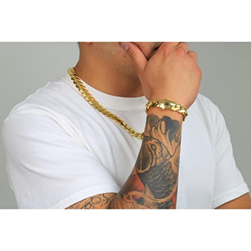 Nuragold 10k 옐로우 골드 13mm 로얄 모나코 마이애미 쿠바 링크 체인 팔찌, 남성용 주얼리 팬시 박스 걸쇠 8