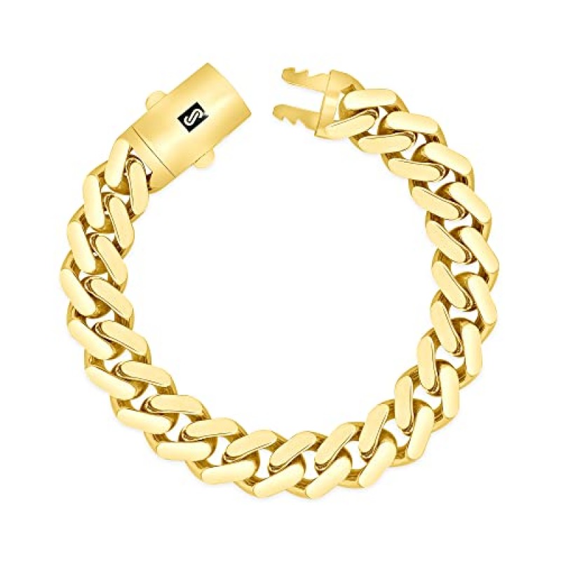 Nuragold 10k 옐로우 골드 13mm 로얄 모나코 마이애미 쿠바 링크 체인 팔찌, 남성용 주얼리 팬시 박스 걸쇠 8
