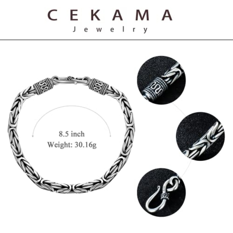 남자 & 소년을 위한 CEKAMA 925 스털링 실버 팔찌 무광택 질감 두꺼운 팔찌 길이 7-9 인치, 너비 5-7mm