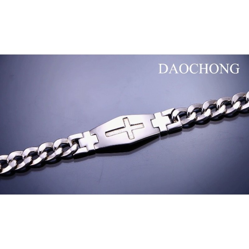 DAOCHONG 남성용 리얼 S925 스털링 실버 클래식 링크 커프 크로스 팔찌 8.5 인치