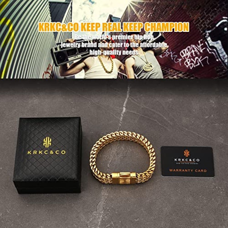 KRKC&CO 10/12/14mm 남성용 쿠바 링크 팔찌, 항 알레르기, 라이온/나침반/크로스 걸쇠, 18k 리얼 골드/화이트 골드, 남성용 내구성 힙합 마이애미 빅 두꺼운 팔찌, 소년, 랩퍼