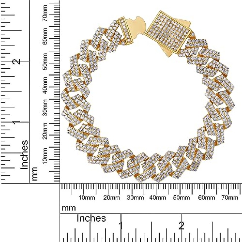 SAVEARTH DIAMONDS 라운드 컷 랩은 남성용 스털링 실버 주얼리 위에 14k 골드로 제작한 모이사나이트 다이아몬드 12MM 너비 쿠바 체인 팔찌(G-H 컬러, VVS1 선명도, 8.00Ct ~ 9.00Ct)