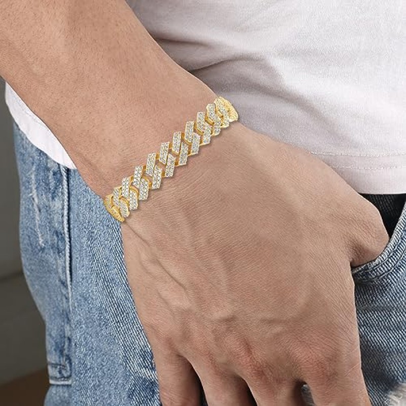 SAVEARTH DIAMONDS 라운드 컷 랩은 남성용 스털링 실버 주얼리 위에 14k 골드로 제작한 모이사나이트 다이아몬드 12MM 너비 쿠바 체인 팔찌(G-H 컬러, VVS1 선명도, 8.00Ct ~ 9.00Ct)
