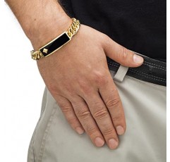 PalmBeach 남성용 옐로우 골드 도금 에메랄드 컷 천연 블랙 오닉스 및 다이아몬드 액센트 링크 팔찌(15mm), 박스 걸쇠, 8인치