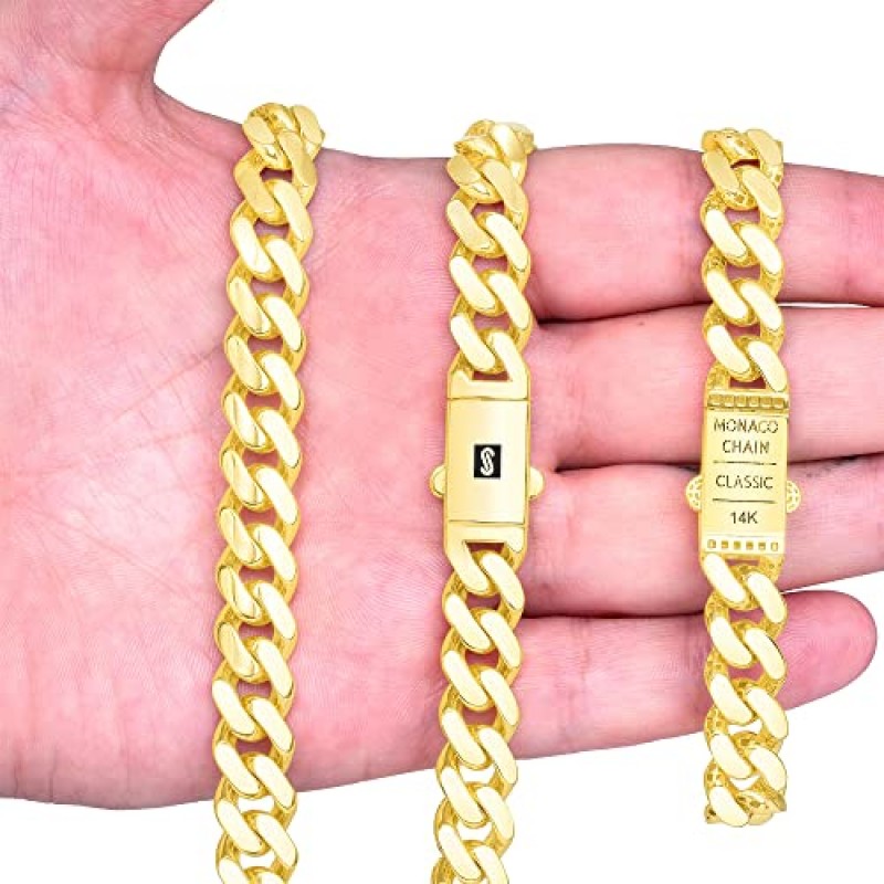 Nuragold 14k 옐로우 골드 11mm 로얄 모나코 마이애미 쿠바 링크 체인 팔찌, 남성용 주얼리 팬시 박스 걸쇠 8