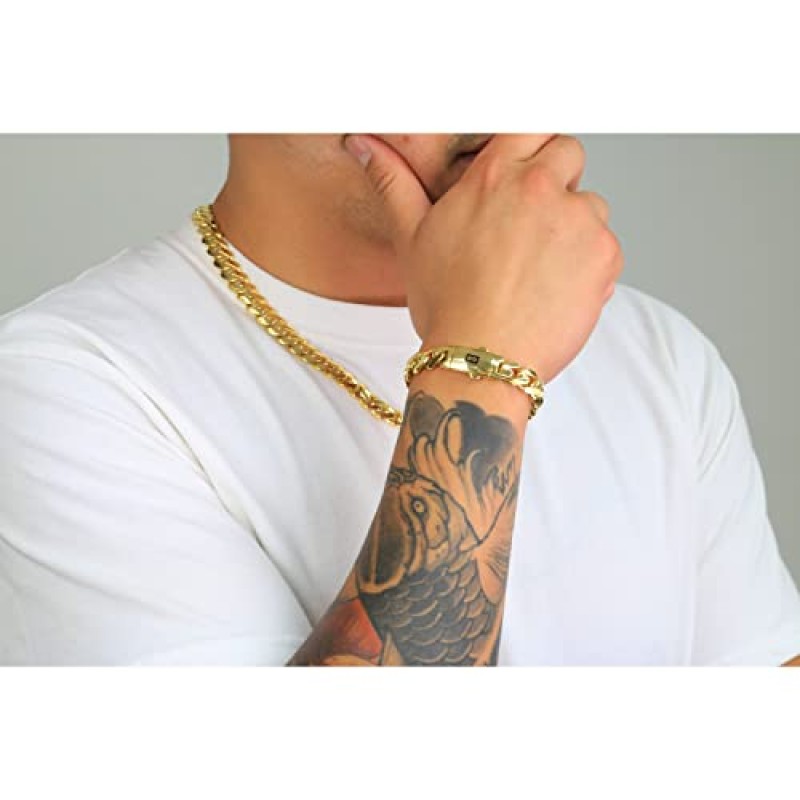 Nuragold 14k 옐로우 골드 11mm 로얄 모나코 마이애미 쿠바 링크 체인 팔찌, 남성용 주얼리 팬시 박스 걸쇠 8