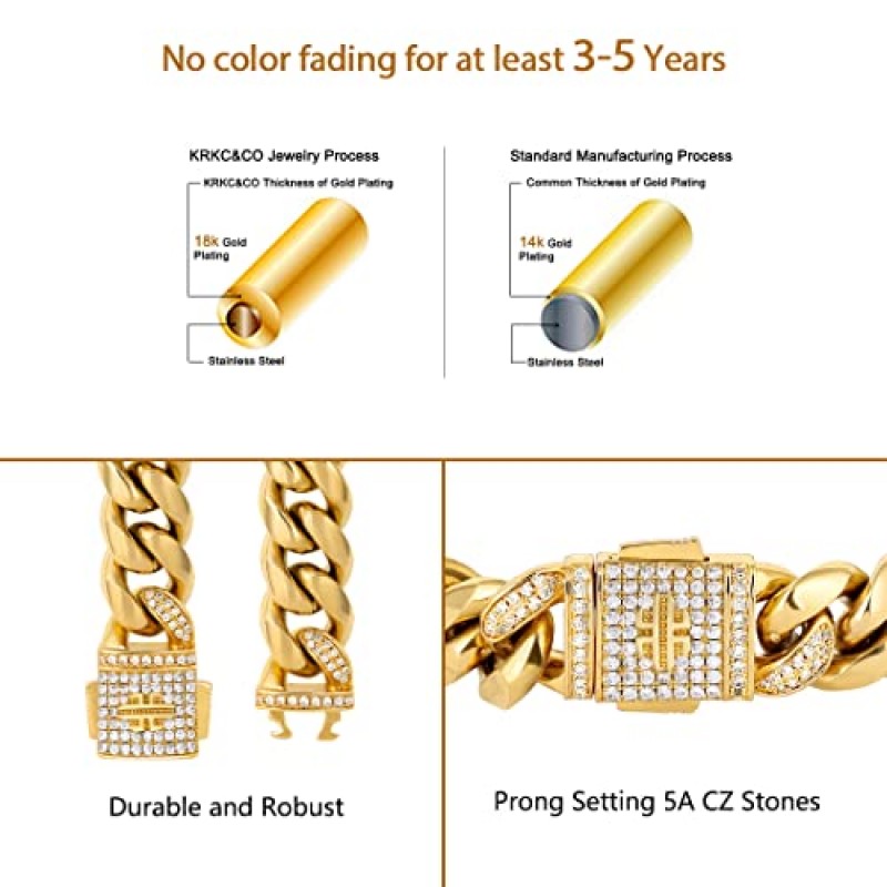 KRKC&CO 남성용 쿠바 링크 팔찌, 12mm/18mm 18k 골드 아이스 아웃 쿠바 커브 링크, 절대 페이딩 없음, 알레르기 없음, 내구성 및 변색 방지 도시 스트리트웨어 남성용 힙합 팔찌