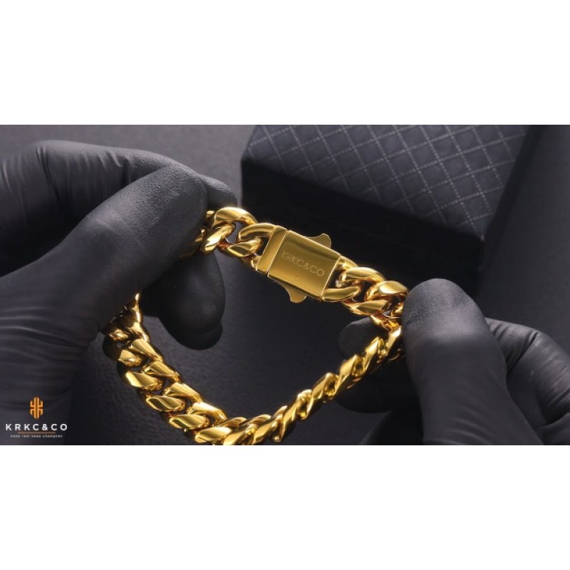 KRKC&CO 남성용 쿠바 링크 팔찌, 12mm/18mm 18k 골드 아이스 아웃 쿠바 커브 링크, 절대 페이딩 없음, 알레르기 없음, 내구성 및 변색 방지 도시 스트리트웨어 남성용 힙합 팔찌