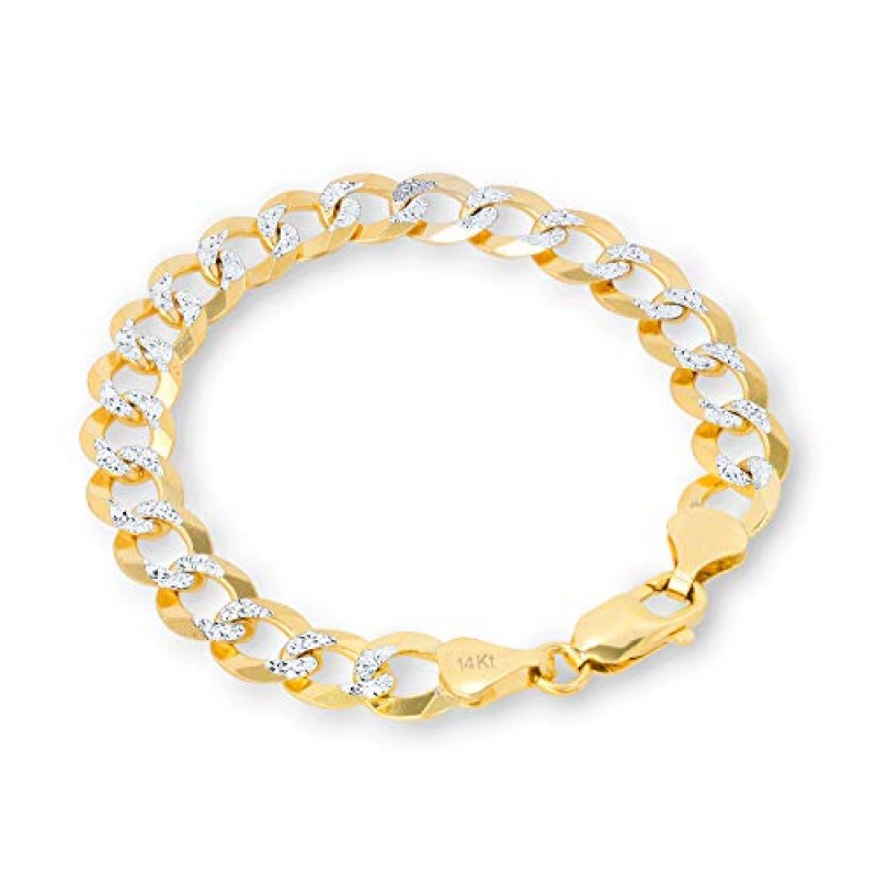 Nuragold 14k 옐로우 골드 솔리드 10mm 쿠바 체인 커브 링크 다이아몬드 컷 포장 투톤 팔찌, 남성용 주얼리 8