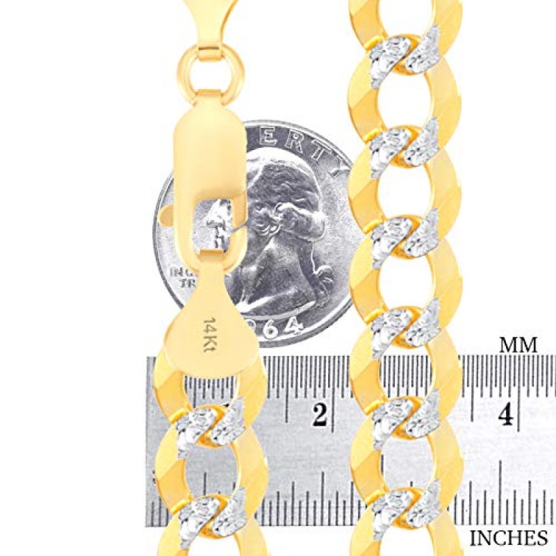 Nuragold 14k 옐로우 골드 솔리드 10mm 쿠바 체인 커브 링크 다이아몬드 컷 포장 투톤 팔찌, 남성용 주얼리 8