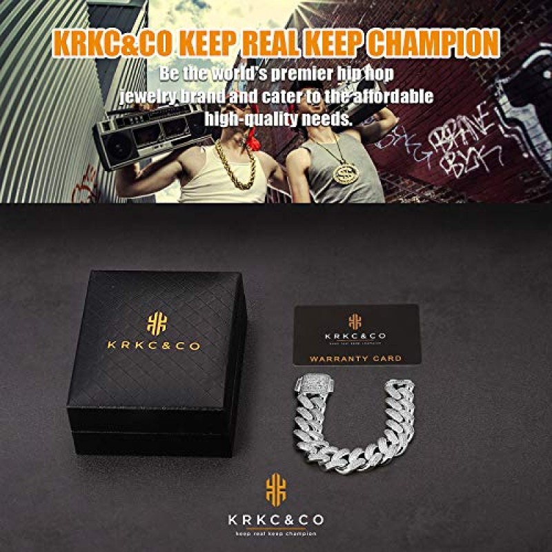 KRKC&CO 12mm/18mm 쿠바 링크 팔찌, 남성용 14k 골드 아이스 아웃 팔찌, 프롱 세팅 5A CZ 스톤, 내구성이 뛰어난 스트리트웨어 힙합 주얼리, 쿠바 링크 커브 체인 7 8 9 7.5 8.5 인치